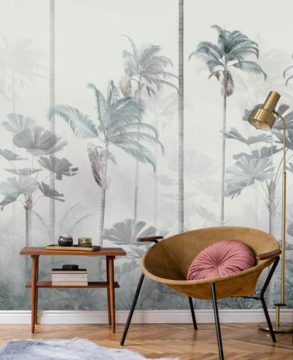 White foggy background with tall muted blue and green jungle tree tops wallpaper White foggy background with tall muted blue and green jungle tree tops wallpaper