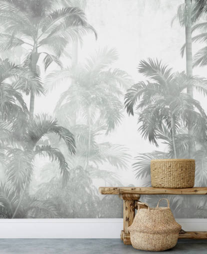 Dæmpede grønne tropiske palmer med en tåget baggrund tapet Dæmpede grønne tropiske palmer med en tåget baggrund tapet