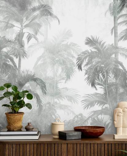 Fondo de pantalla de palmeras tropicales de color verde apagado con fondo borroso Fondo de pantalla de palmeras tropicales de color verde apagado con fondo borroso