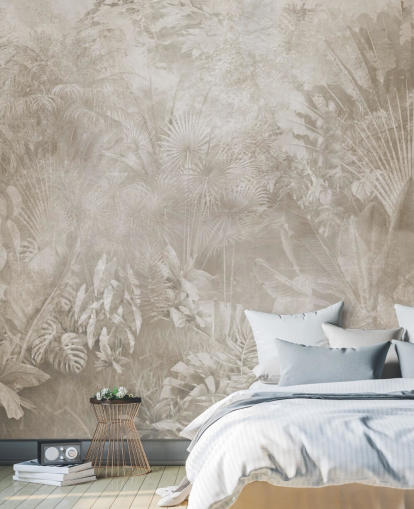 Sepia tonet tapet med diset tropiske jungle træer Sepia tonet tapet med diset tropiske jungle træer