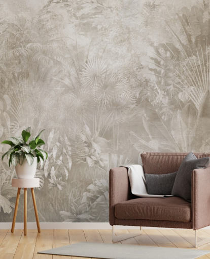 Sepia tonet tapet med diset tropiske jungle træer Sepia tonet tapet med diset tropiske jungle træer