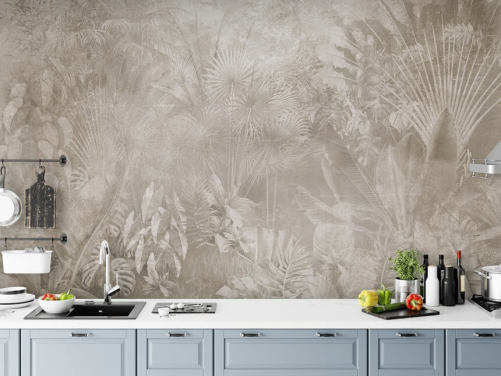 Sepia-kleurig behang met wazige tropische junglebomen