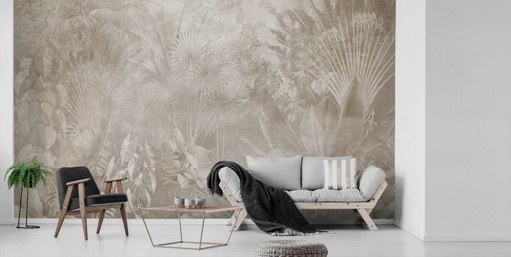Papel pintado en tonos sepia con brumosos árboles de la selva tropical