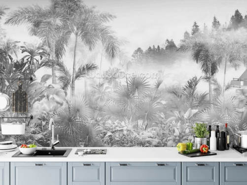 Zwart-wit behang met tropische junglebomen