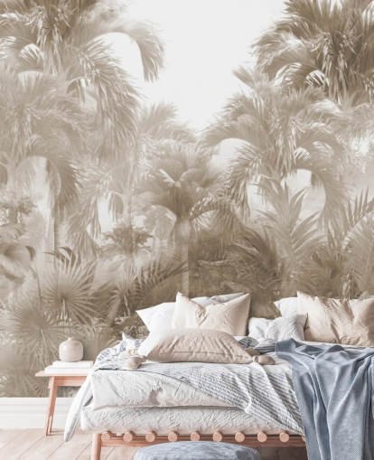 Sepia jungle wallpaper with tall beige palm trees with a white sky Sepia jungle wallpaper with tall beige palm trees with a white sky