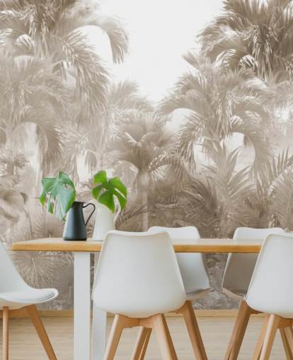 Sepia jungle wallpaper with tall beige palm trees with a white sky Sepia jungle wallpaper with tall beige palm trees with a white sky
