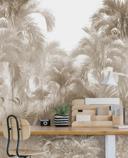 Sepia jungle tapet med høje beige palmer med en hvid himmel Sepia jungle tapet med høje beige palmer med en hvid himmel