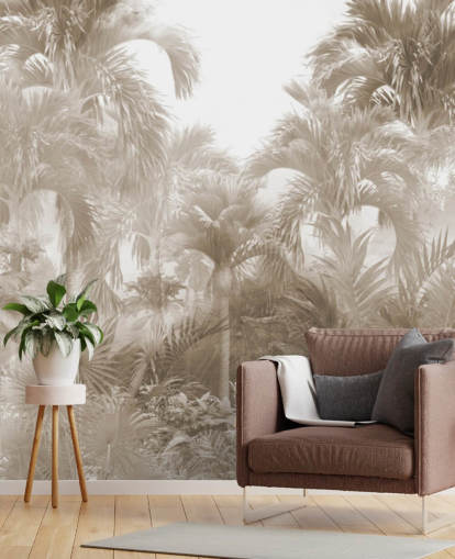 Sepia jungle wallpaper with tall beige palm trees with a white sky Sepia jungle wallpaper with tall beige palm trees with a white sky