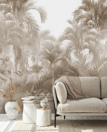 Papel de parede sépia da selva com altas palmeiras bege com um céu branco Papel de parede sépia da selva com altas palmeiras bege com um céu branco