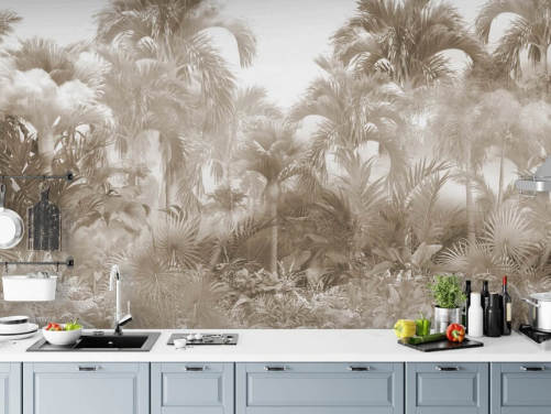Sepia junglebehang met hoge beige palmbomen met een witte lucht