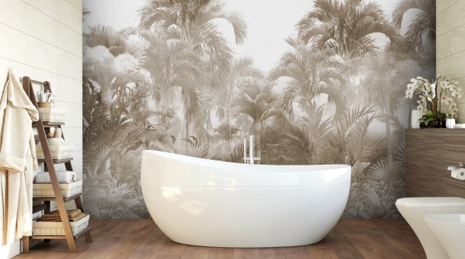 Papier peint Sepia Jungle avec de grands palmiers beiges avec un ciel blanc