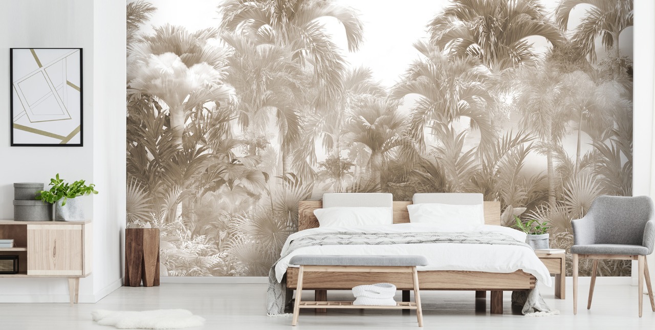 Sepia jungle wallpaper with tall beige palm trees with a white sky