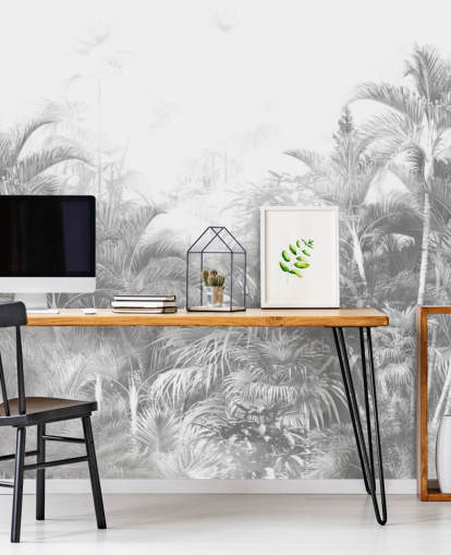 Carta da parati sbiadita in bianco e nero con alberi della giungla Carta da parati sbiadita in bianco e nero con alberi della giungla