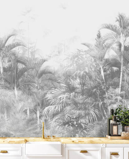 Papel de parede de árvores da selva em preto e branco desbotado Papel de parede de árvores da selva em preto e branco desbotado