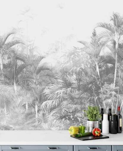 Bleknet svart og hvitt jungel trær tapet Bleknet svart og hvitt jungel trær tapet