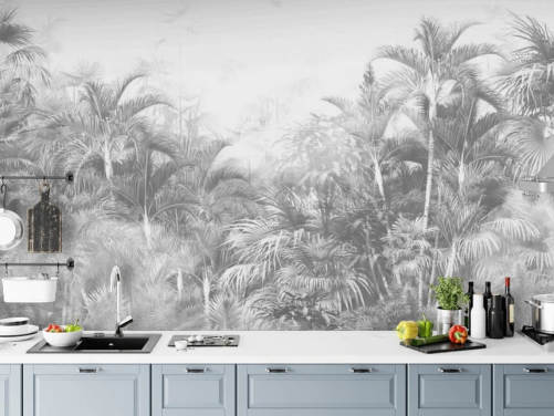 Vervaagd zwart-wit behang met junglebomen