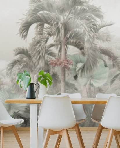 Muted panoramic jungle landscape with tall tropical trees wallpaper Muted panoramic jungle landscape with tall tropical trees wallpaper