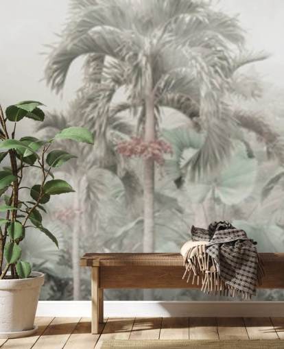 Muted panoramic jungle landscape with tall tropical trees wallpaper Muted panoramic jungle landscape with tall tropical trees wallpaper