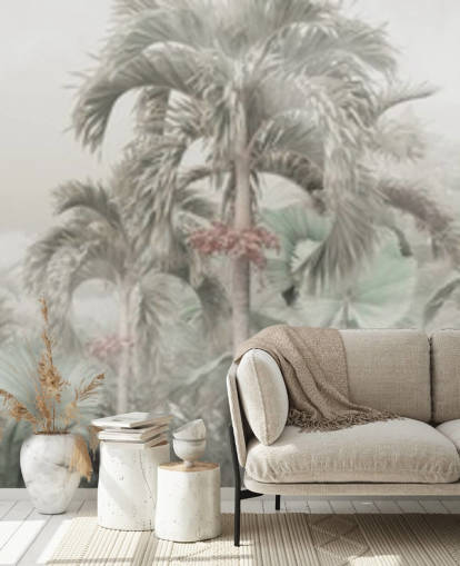 Muted panoramic jungle landscape with tall tropical trees wallpaper Muted panoramic jungle landscape with tall tropical trees wallpaper