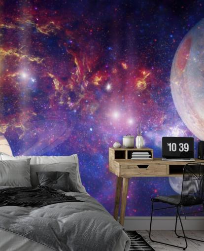 Fundo nebular roxo e azul com papel de parede de grandes planetas e estrelas Fundo nebular roxo e azul com papel de parede de grandes planetas e estrelas