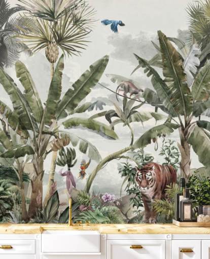 Carta da parati verde della foresta pluviale tropicale, giungla, alberi e cespugli verdi con tigri e uccelli Carta da parati verde della foresta pluviale tropicale, giungla, alberi e cespugli verdi con tigri e uccelli