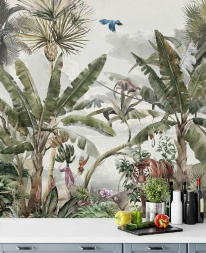 Gröna tropiska regnskog djungelträd och gröna buskar med tigrar och fåglar tapeter Gröna tropiska regnskog djungelträd och gröna buskar med tigrar och fåglar tapeter