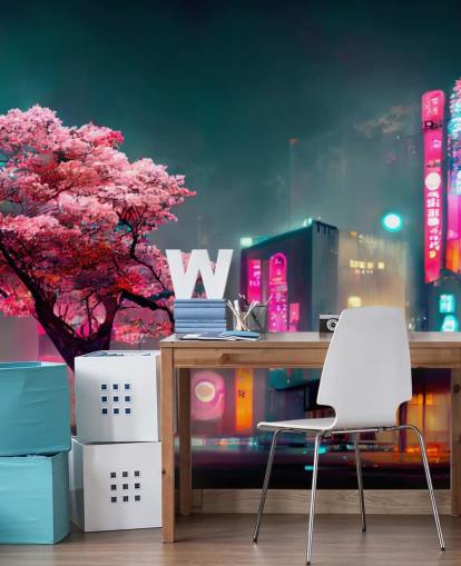 murale anime personalizzabile rosa, blu e arancione chiamato Neon Fantasy Japan at Night per camere da letto murale anime personalizzabile rosa, blu e arancione chiamato Neon Fantasy Japan at Night per camere da letto