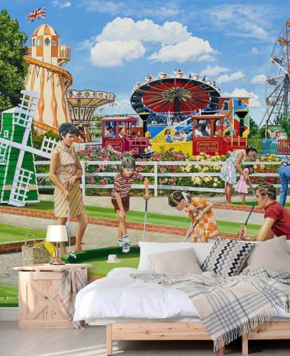 Colourful fairground with a family playing crazy golf Colourful fairground with a family playing crazy golf