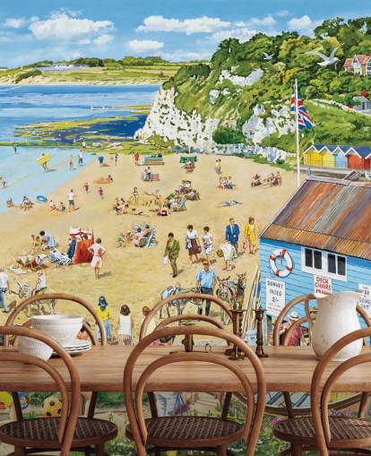 Retro strandscene med blå bådhytte, gyldent sand og et blåt hav Retro strandscene med blå bådhytte, gyldent sand og et blåt hav