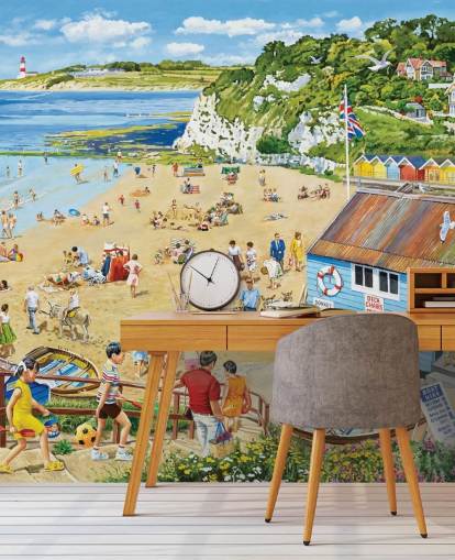 Retro strandgezicht met een blauwe boothut, gouden zand en een blauwe zee Retro strandgezicht met een blauwe boothut, gouden zand en een blauwe zee