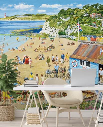 Retro beach scene with ablue boat hut, golden sands and a blue sea Retro beach scene with ablue boat hut, golden sands and a blue sea