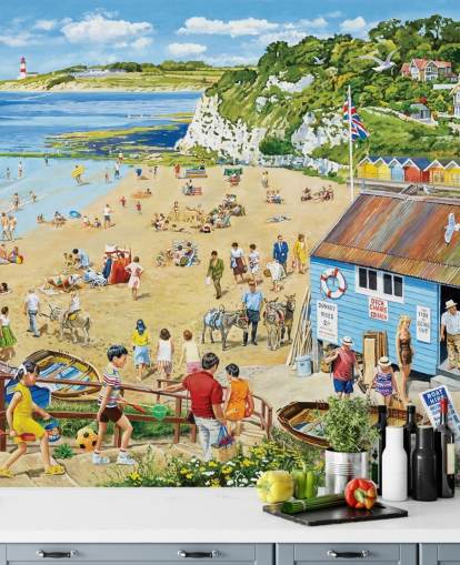 Retro strandscene med blå bådhytte, gyldent sand og et blåt hav Retro strandscene med blå bådhytte, gyldent sand og et blåt hav