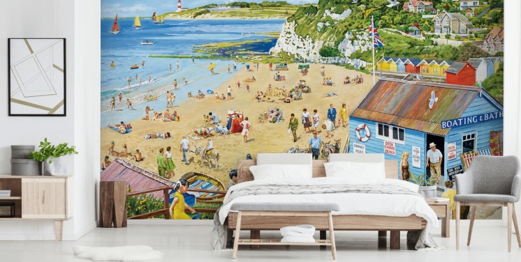 Retro beach scene with ablue boat hut, golden sands and a blue sea