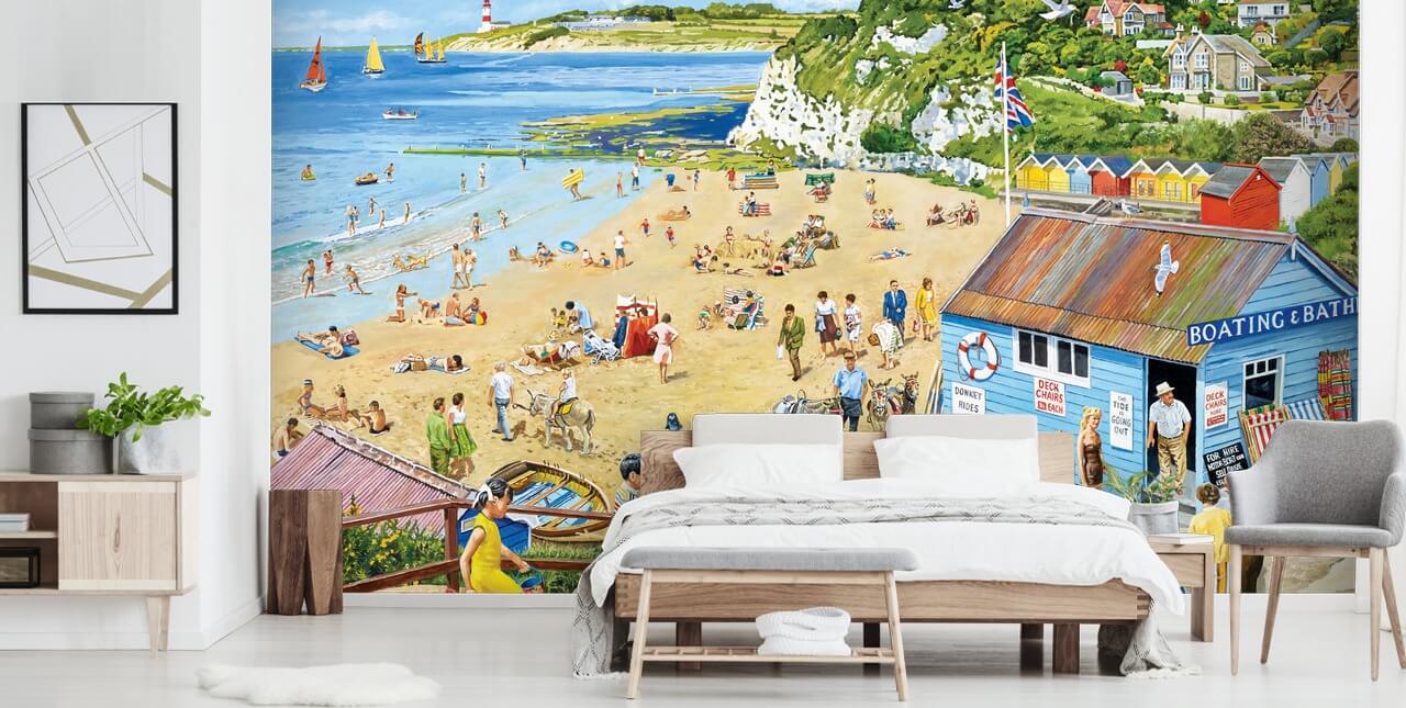 Scena retrò sulla spiaggia con una capanna per barche blu, sabbia dorata e mare blu Scena retrò sulla spiaggia con una capanna per barche blu, sabbia dorata e mare blu