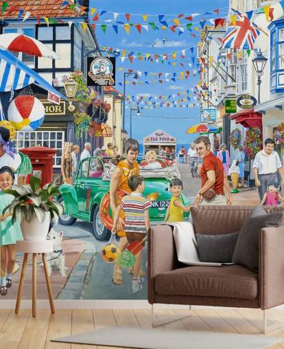 Cololurful seaside highstreet med bannere, butikker og flagdug Cololurful seaside highstreet med bannere, butikker og flagdug