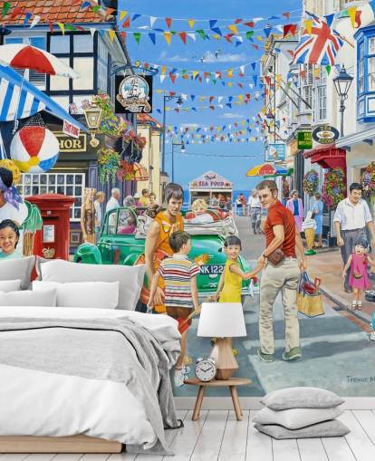 Rue principale colorée en bord de mer avec des bannières, des boutiques et des banderoles Rue principale colorée en bord de mer avec des bannières, des boutiques et des banderoles