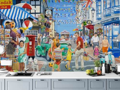 Cololurful seaside highstreet with banners, shops and bunting wallpaper