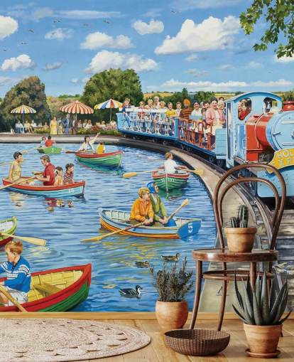 Farverig retro scene af mennesker i både på en sø med et blåt tog forbi Farverig retro scene af mennesker i både på en sø med et blåt tog forbi