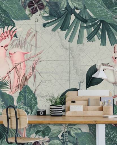 Fundo cinza claro cercado por folhas tropicais verde-azulado e papel de parede de pássaros cacatuas branco e rosa corado Fundo cinza claro cercado por folhas tropicais verde-azulado e papel de parede de pássaros cacatuas branco e rosa corado