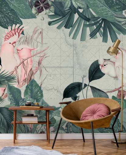 Fundo cinza claro cercado por folhas tropicais verde-azulado e papel de parede de pássaros cacatuas branco e rosa corado Fundo cinza claro cercado por folhas tropicais verde-azulado e papel de parede de pássaros cacatuas branco e rosa corado