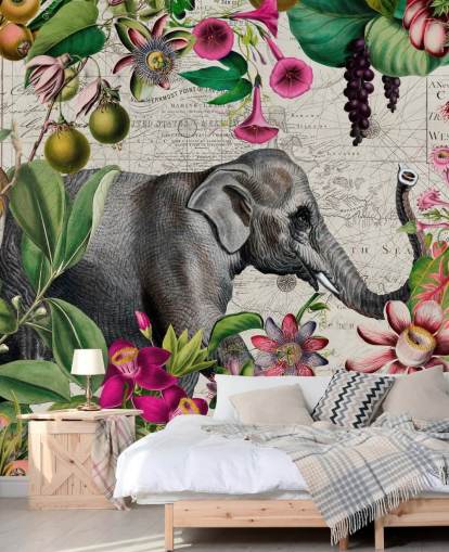 Fondo gris claro con hojas tropicales de color verde vibrante y pájaros con flores rosas y un gran papel pintado de elefantes grises Fondo gris claro con hojas tropicales de color verde vibrante y pájaros con flores rosas y un gran papel pintado de elefantes grises