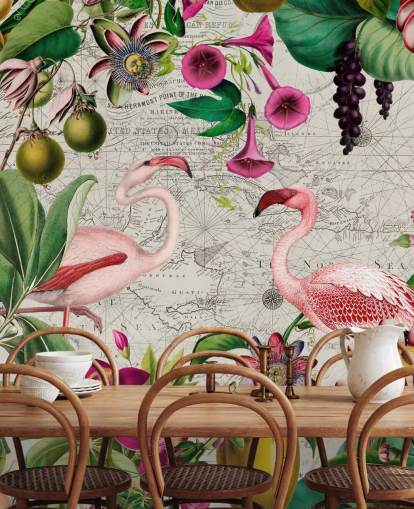 Hellgrauer Hintergrund mit leuchtend grünen tropischen Blättern, rosa Blumen und rosafarbener Flamingo-Tapete Hellgrauer Hintergrund mit leuchtend grünen tropischen Blättern, rosa Blumen und rosafarbener Flamingo-Tapete