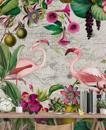 Light grey background with vibrant green tropical leaves, pink flowers and pink flamingos wallpaper Light grey background with vibrant green tropical leaves, pink flowers and pink flamingos wallpaper