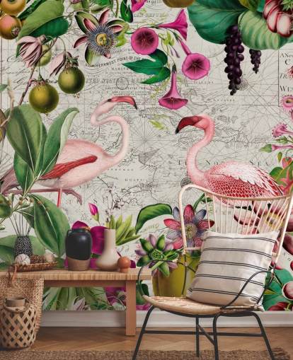 Papel pintado de fondo gris claro con hojas tropicales de color verde intenso, flores rosas y flamencos rosados Papel pintado de fondo gris claro con hojas tropicales de color verde intenso, flores rosas y flamencos rosados