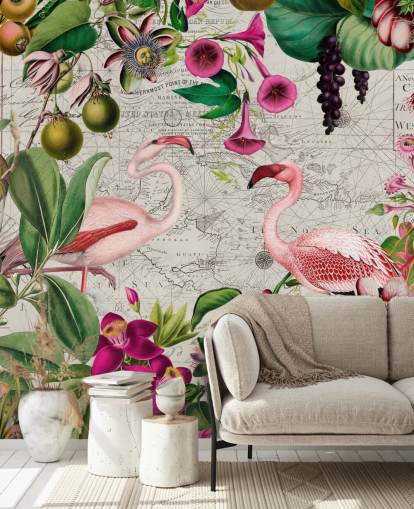 Vaaleanharmaa tausta elinvoimainen vihreä trooppisia lehtiä, vaaleanpunaisia kukkia ja vaaleanpunainen flamingos tapetti Vaaleanharmaa tausta elinvoimainen vihreä trooppisia lehtiä, vaaleanpunaisia kukkia ja vaaleanpunainen flamingos tapetti