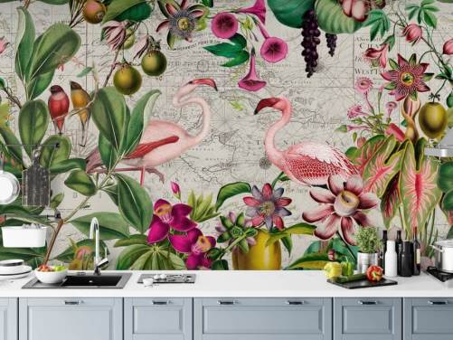 Light grey background with vibrant green tropical leaves, pink flowers and pink flamingos wallpaper