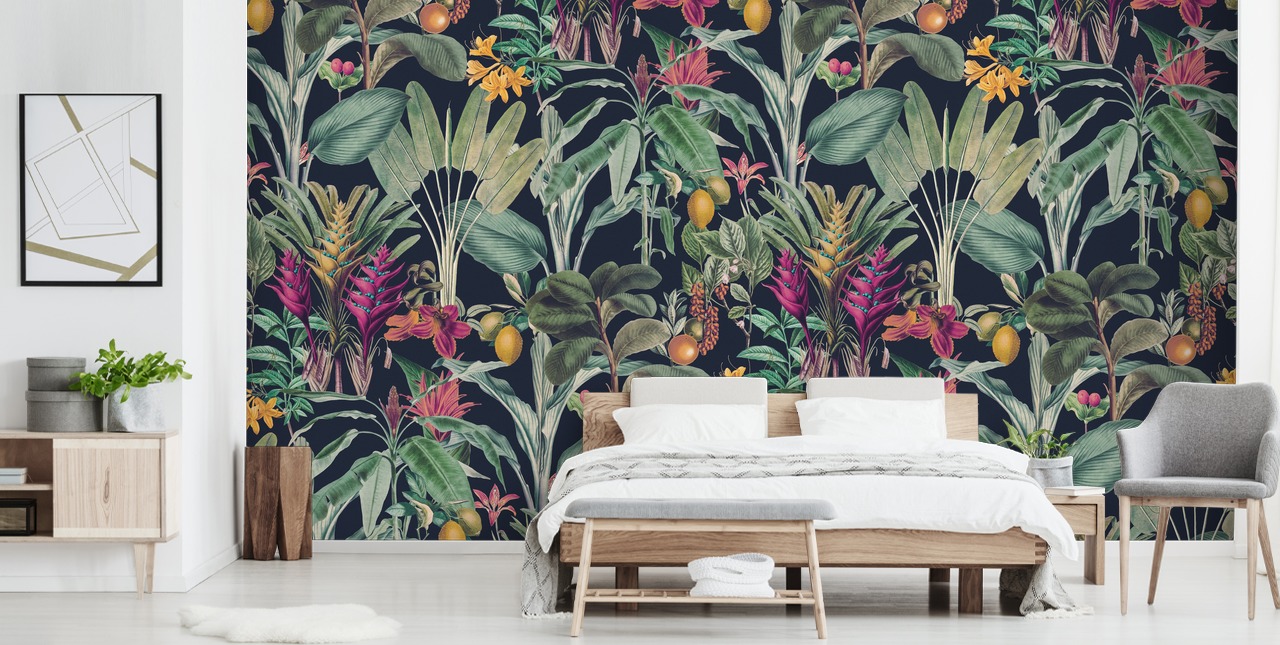 Dark blue background with muted green tropical leavesand purple tropical flowers wallpaper