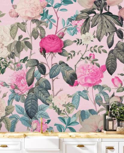 Pastel pink background with pink and white roses and dark green leaves wallpaper Pastel pink background with pink and white roses and dark green leaves wallpaper