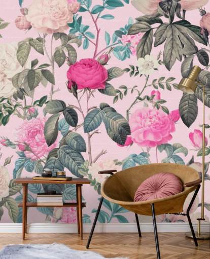 Pastel pink background with pink and white roses and dark green leaves wallpaper Pastel pink background with pink and white roses and dark green leaves wallpaper