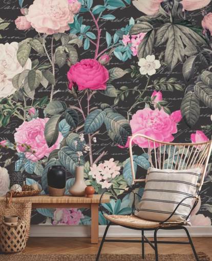 Mörkgrå bakgrund med stora vita och rosa blommor tillsammans med skriftens tapeter Mörkgrå bakgrund med stora vita och rosa blommor tillsammans med skriftens tapeter